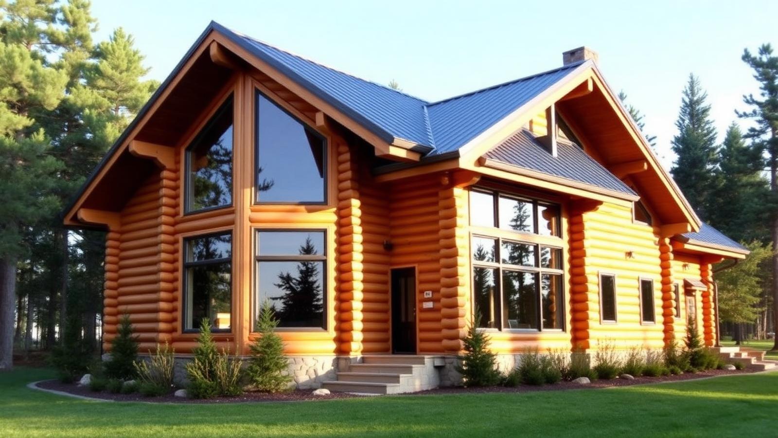 Completed two-story laminated log cabin with milled log walls, tall gable windows and a metal roof on a wooded lot, illustrating a finished turnkey log home budget