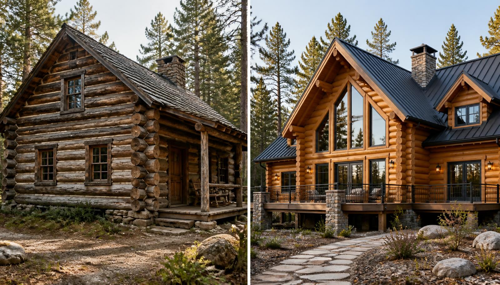 Side-by-side view of a traditional solid log cabin with hand-hewn timbers and a modern laminated log home with precision-milled engineered walls